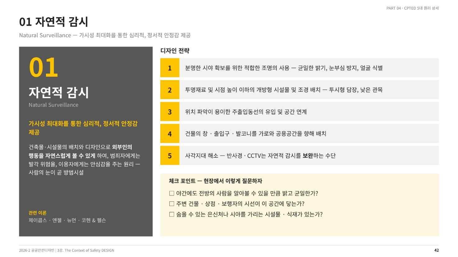 자연적 감시 — 정의와 다섯 가지 디자인 전략(강의 슬라이드 42쪽)