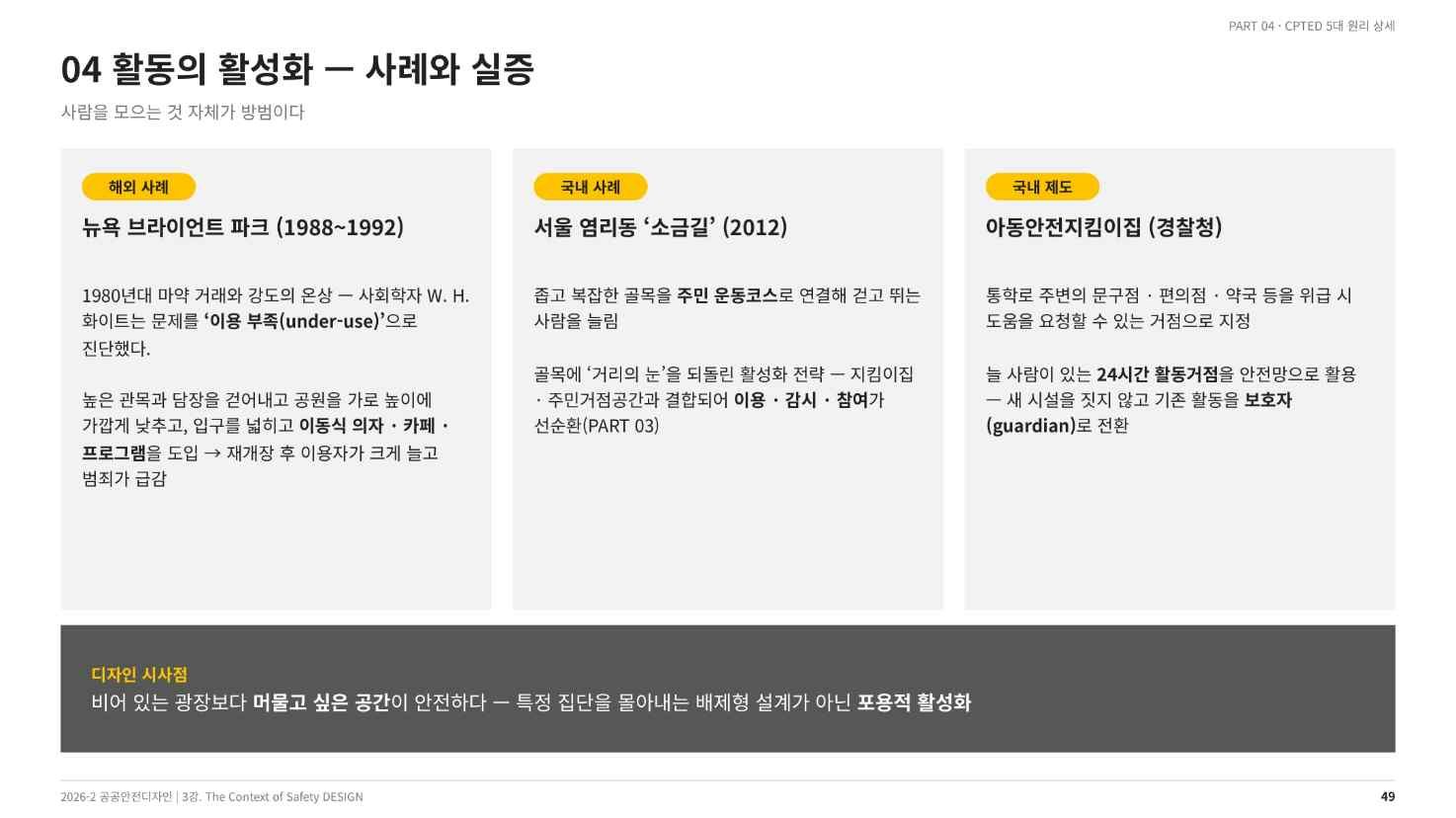 활동의 활성화 사례와 실증 — 브라이언트 파크와 소금길(강의 슬라이드 49쪽)